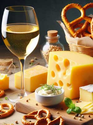 Weißwein-Rebsorte Morio-Muskat mit Käse