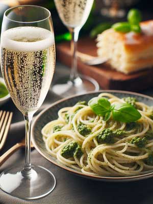 brut Sekt zu Spaghette mit Pesto